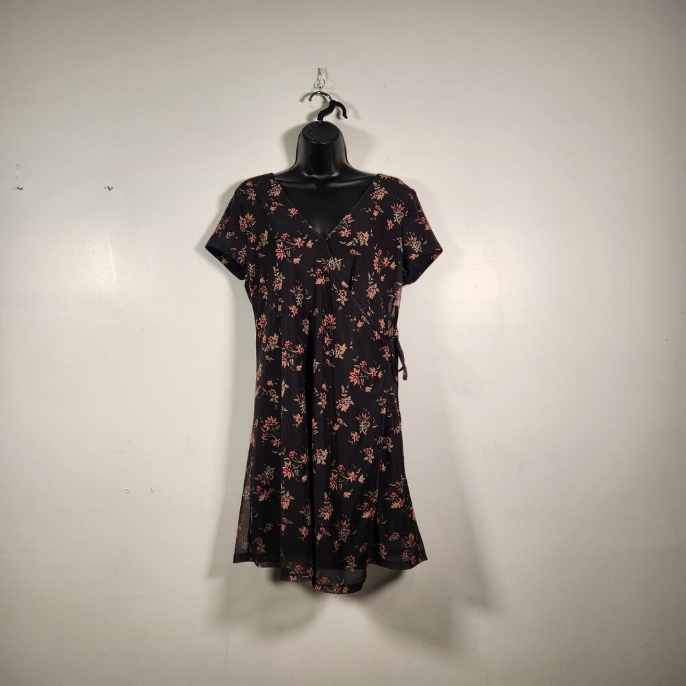 SO SS Knit Faux Wrap Mini Dress Junior M Black Orange Floral Bow Mesh Whimsigoth